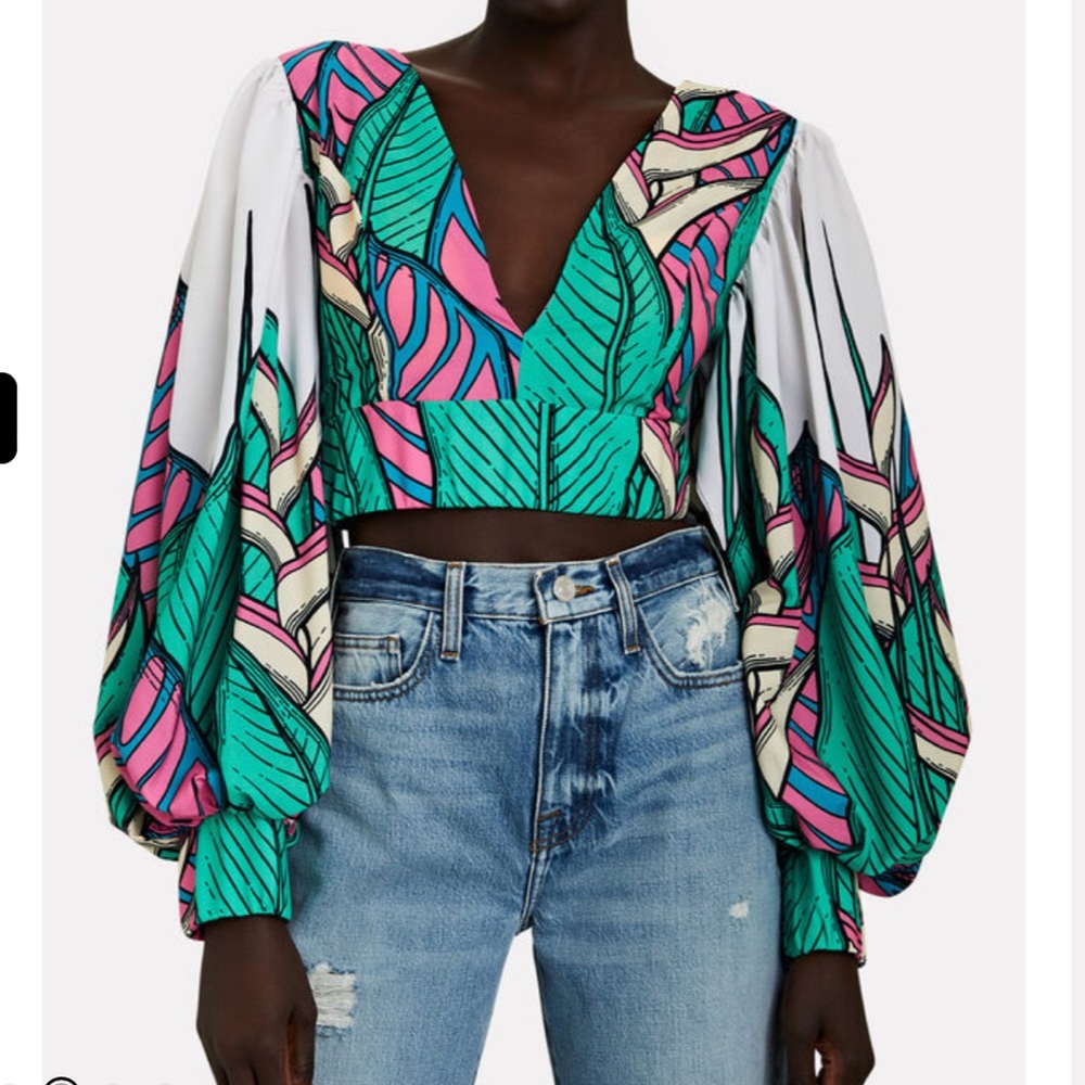 KIMBERLY GOLDSON Intermix Liyah Tropical Printed Blouson-Sleeve Crop Top NWOT